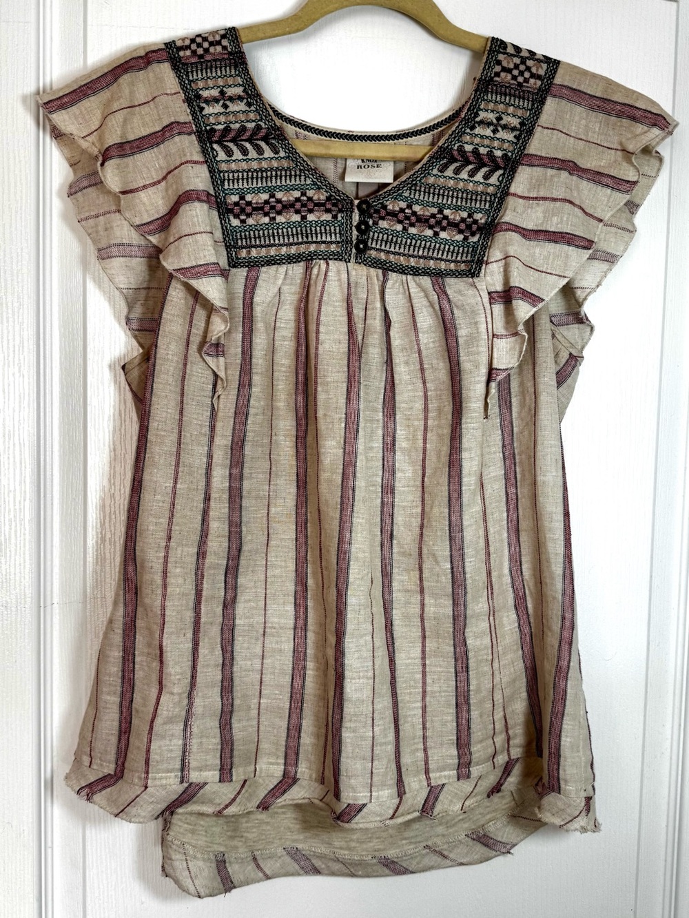 Knox Rose Embroidered Stripe Flutter Sleeve Women's Top - Beige and Mauve #1850